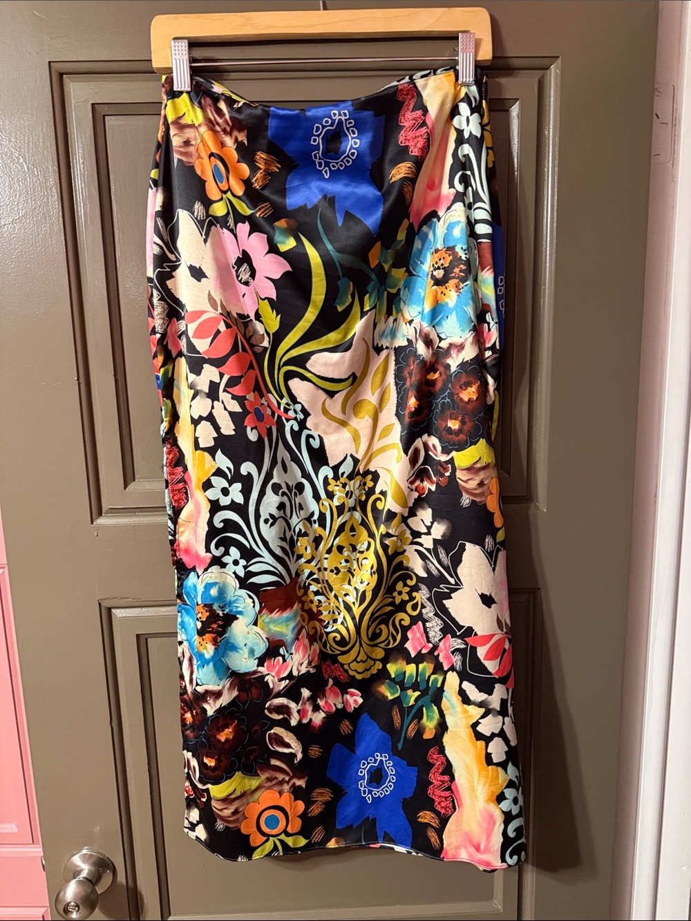 VENUS Floral Satin Midi Skirt in Black with Blue, Yellow, Pink & Green Accents